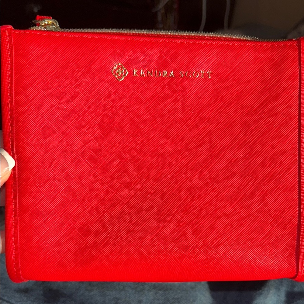 Kendra Scott Red Leather Clutch/accessory Bagwith Gold Accents